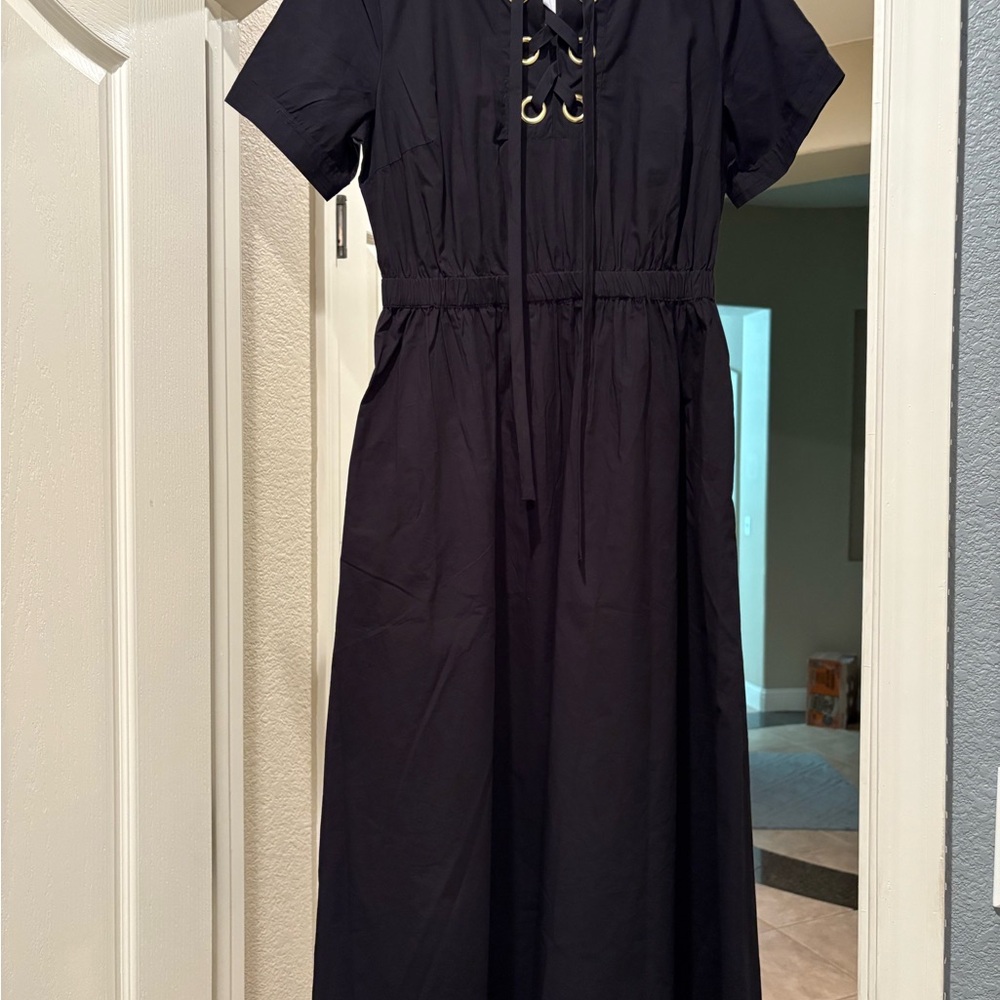 LOFT Elegant Black Midi Dress with Lace-Up Front